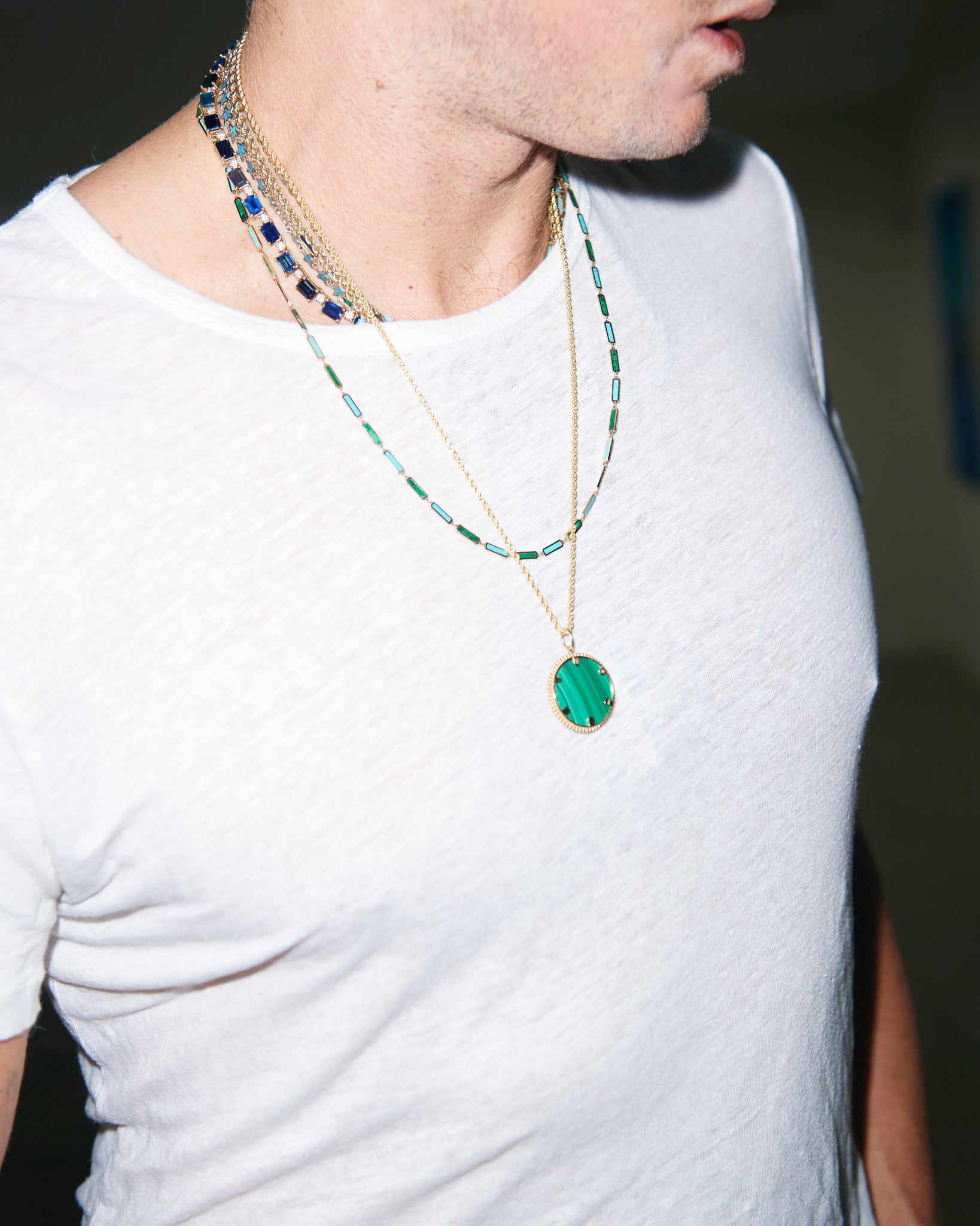 Malachite and Turquoise Moneta Pendant | 14K Yellow Gold - BluScarpa