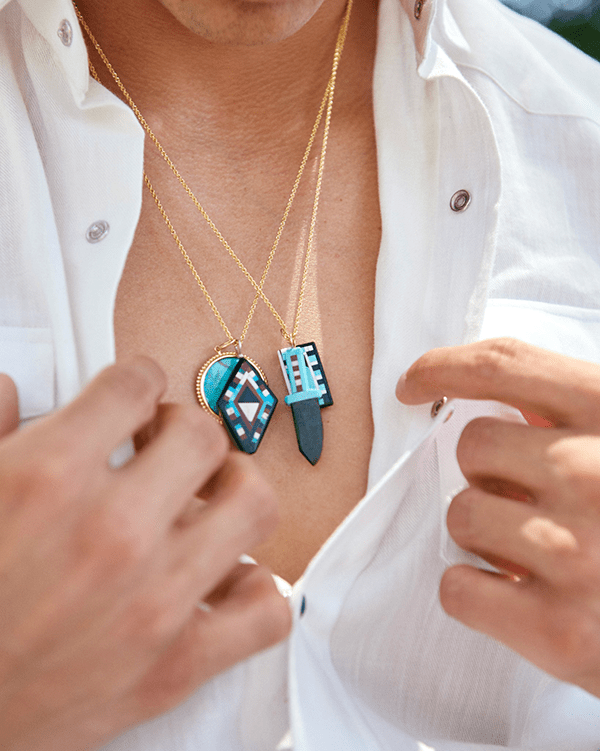 New Mexico Santo Domingo Pueblo Pearl/ Turquoise/Onyx Inlay Pendant - BluScarpa