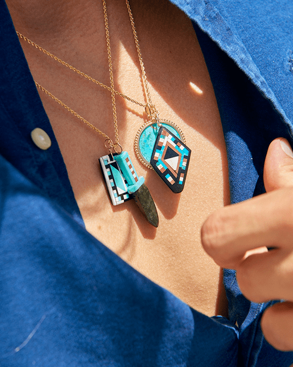 New Mexico Santo Domingo Pueblo Pearl/ Turquoise/Onyx Inlay Pendant - BluScarpa